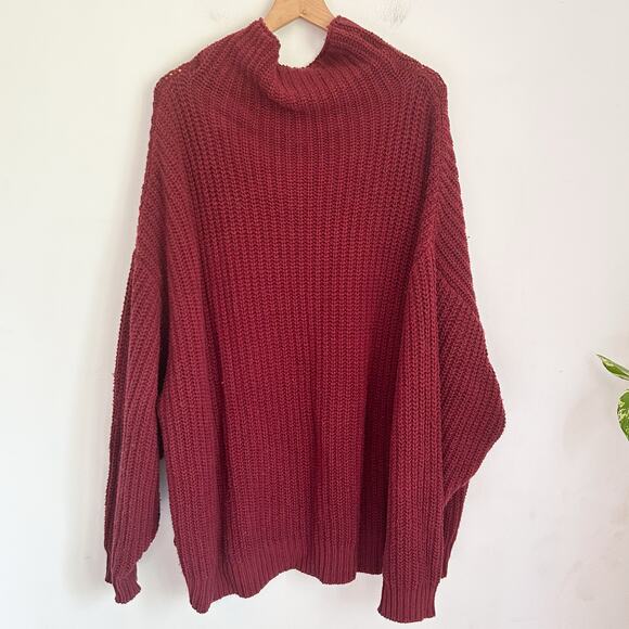Free People Swim Too Deep Turtle Neck Oversized Knitted Sweater Size L Red - Picture 4 of 6
